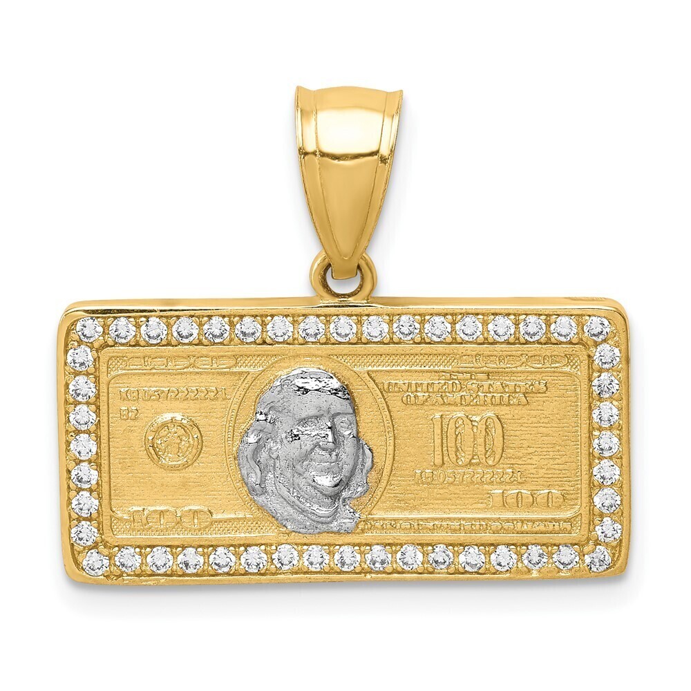 10K Yellow Gold w/Rhodium CZ Micropave 100 Dollar Bill Pendant